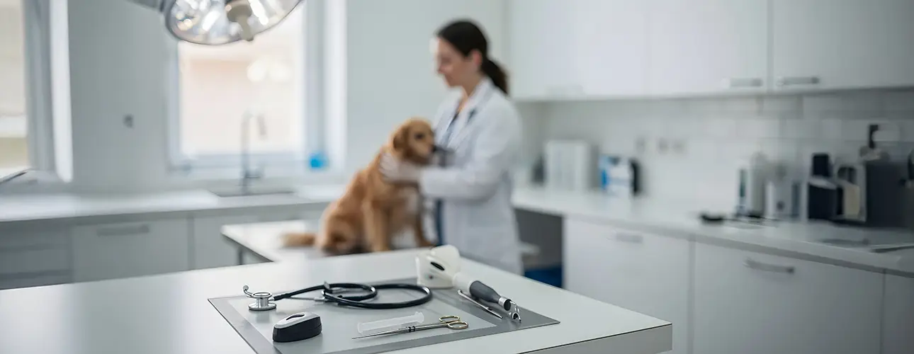 Behandlungsraum einer Tierarztpraxis mit Hund und Tierärztin