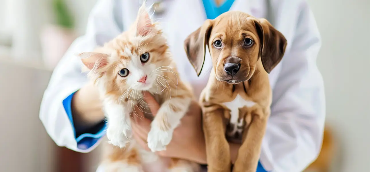 Katzenwelpe und Hundewelpe auf dem Arm einer Tierärztin